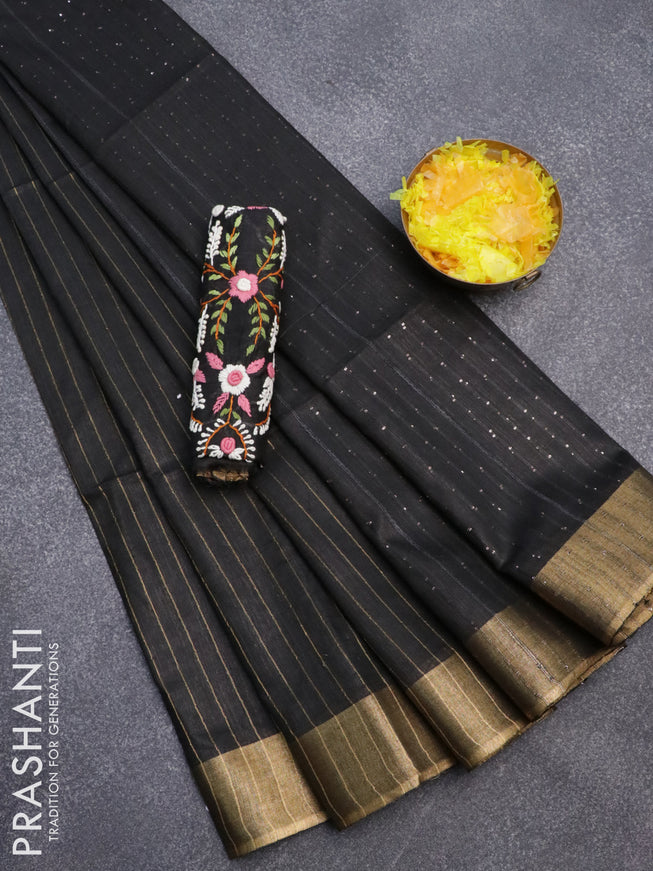Semi tussar saree black with allover zari woven stripes pattern and sequin work pallu & embroidery work blouse