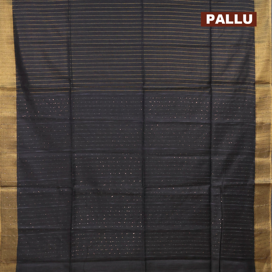 Semi tussar saree black with allover zari woven stripes pattern and sequin work pallu & embroidery work blouse
