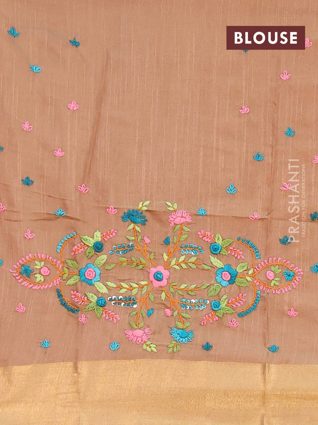 Semi tussar saree dark sandal with allover zari woven stripes pattern and sequin work pallu & embroidery work blouse