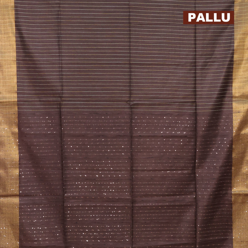 Semi tussar saree coffee brown with allover thread weaves and sequin work pallu & embroidery work blouse