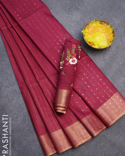 Semi tussar saree magenta pink with allover zari woven stripes pattern and sequin work pallu & embroidery work blouse