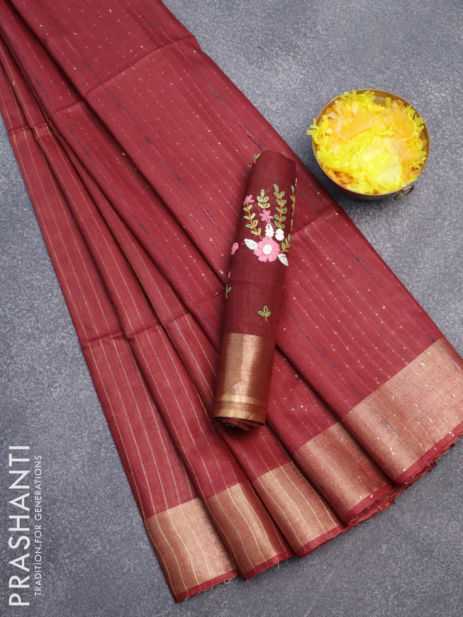 Semi tussar saree maroon with allover zari woven stripes pattern and sequin work pallu & embroidery work blouse