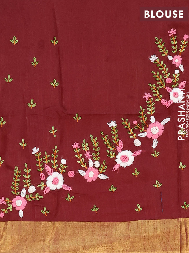Semi tussar saree maroon with allover zari woven stripes pattern and sequin work pallu & embroidery work blouse