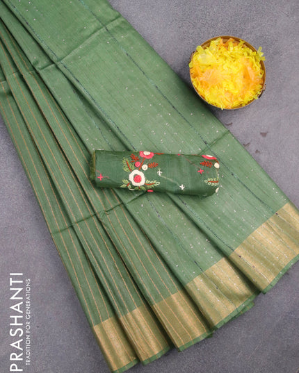 Semi tussar saree green with allover thread & zari stripe pattern and sequin work pallu & embroidery work blouse