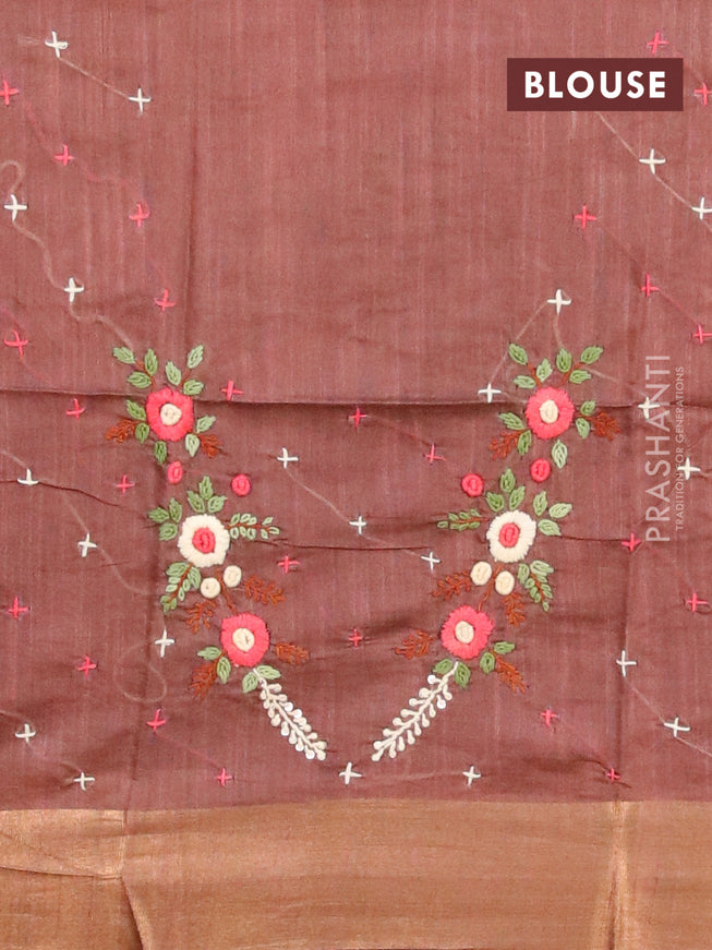 Semi tussar saree brown with allover thread & zari stripe pattern and sequin work pallu & embroidery work blouse