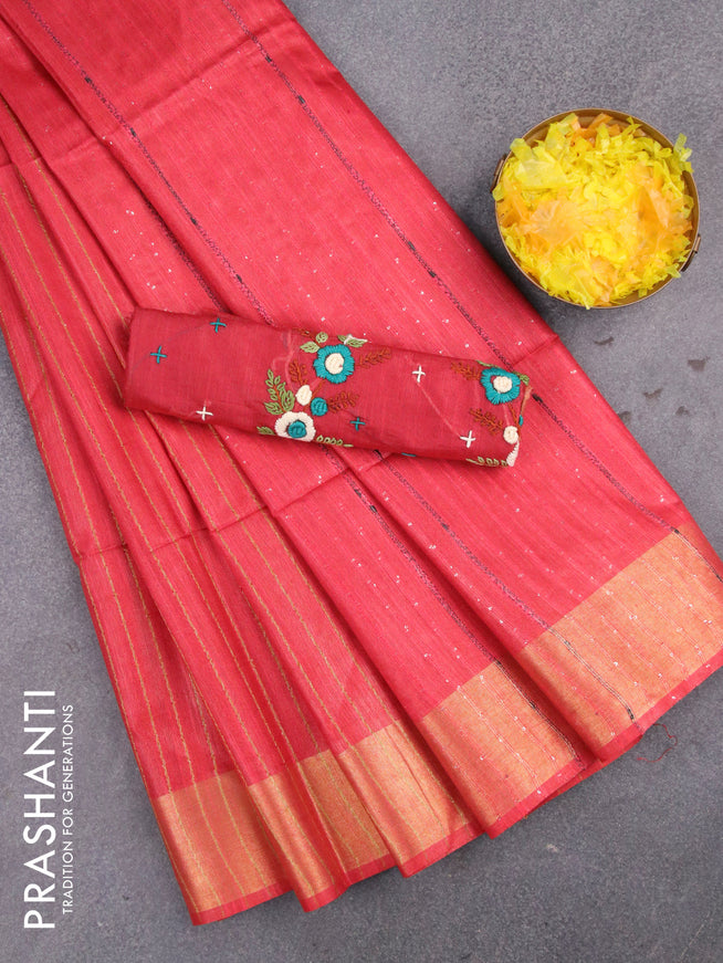 Semi tussar saree red with allover thread & zari stripe pattern and sequin work pallu & embroidery work blouse