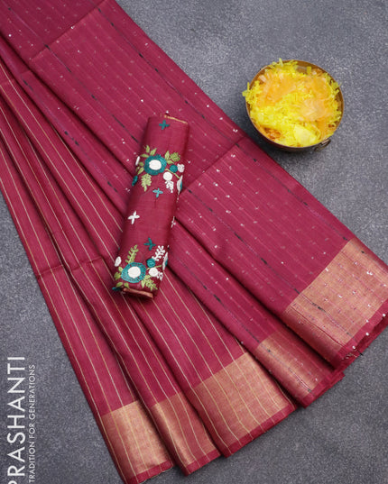 Semi tussar saree dark magenta pink with allover thread weaves and sequin work pallu & embroidery work blouse