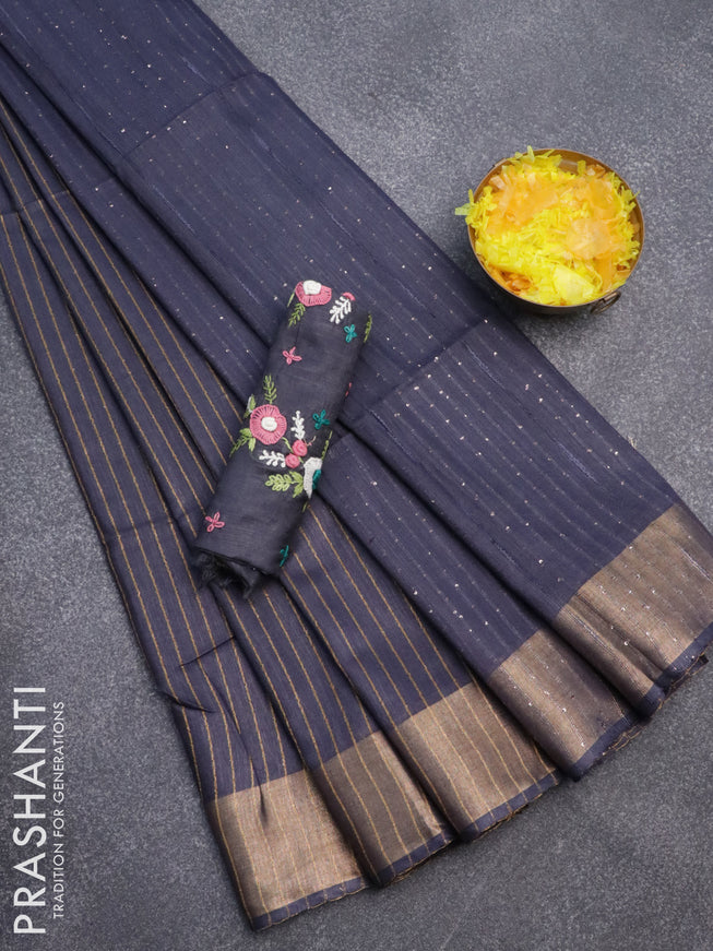 Semi tussar saree dark blue with allover thread weaves and sequin work pallu & embroidery work blouse