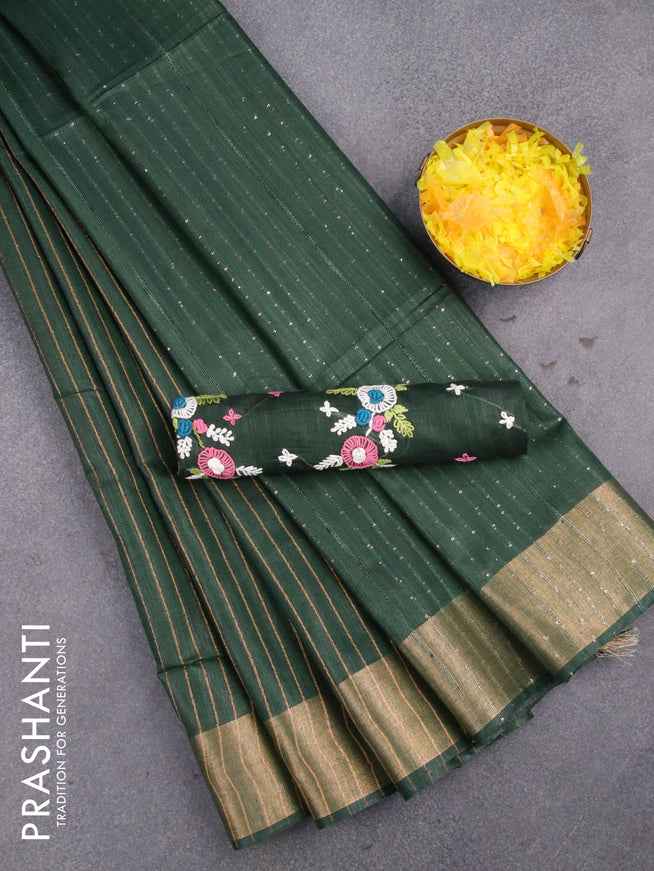 Semi tussar saree bottle green with allover thread & zari stripe pattern and sequin work pallu & embroidery work blouse