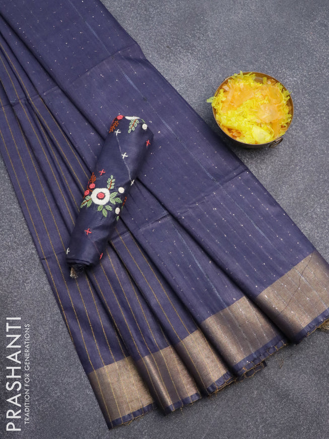 Semi tussar saree dark blue with allover thread weaves and sequin work pallu & embroidery work blouse