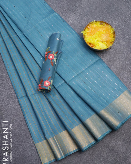 Semi tussar saree light blue with allover thread weaves and sequin work pallu & embroidery work blouse