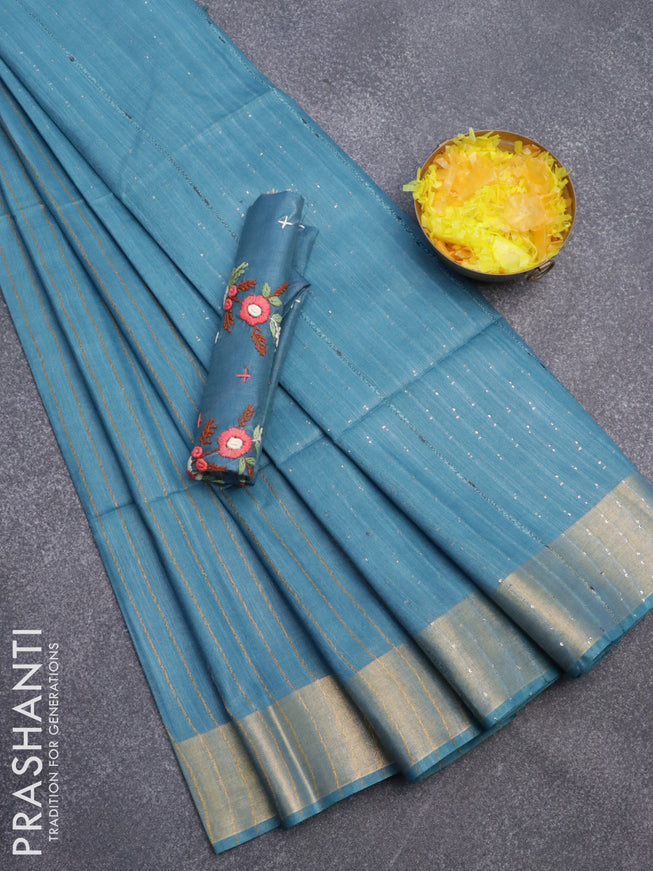 Semi tussar saree light blue with allover thread weaves and sequin work pallu & embroidery work blouse