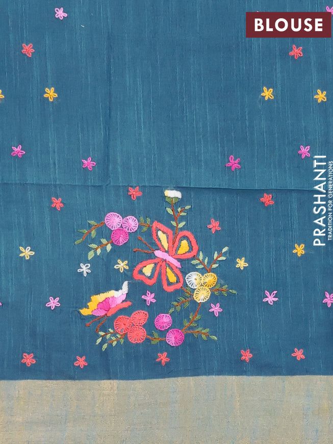 Semi tussar saree peacock blue with allover zari weaves and sequin work pallu & embroidery work blouse