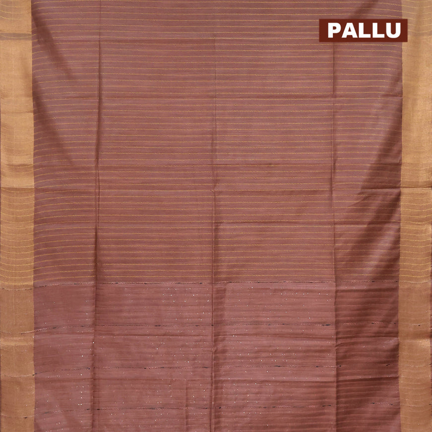 Semi tussar saree brown with allover zari weaves and sequin work pallu & embroidery work blouse