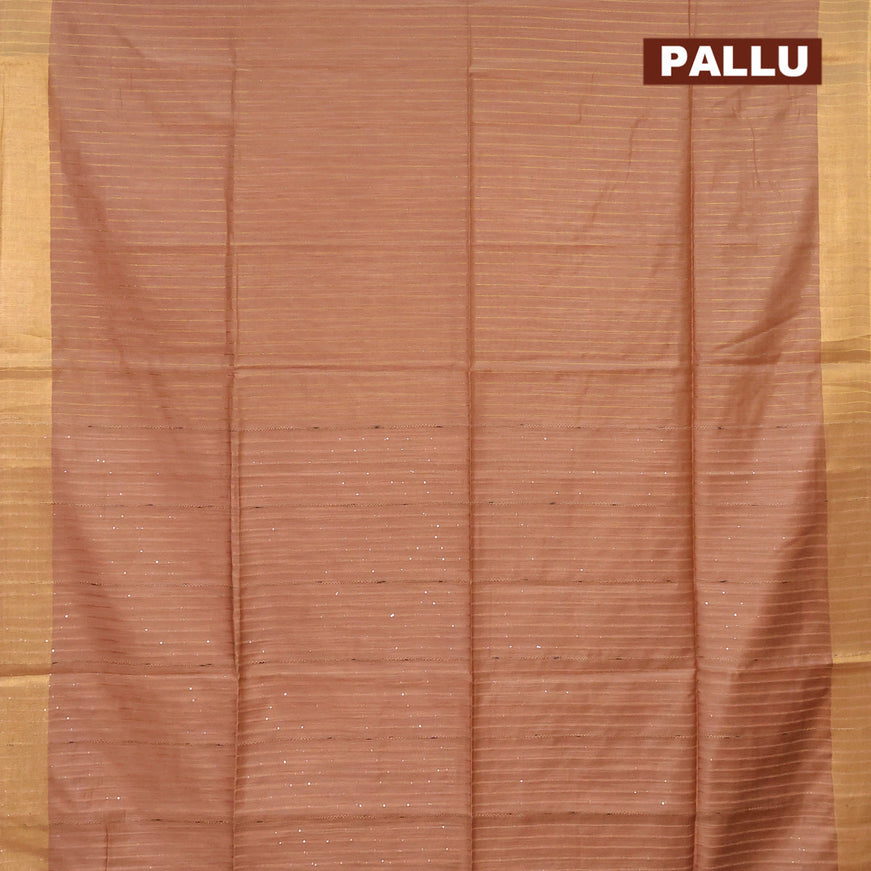 Semi tussar saree dark beige with allover thread weaves and sequin work pallu & embroidery work blouse