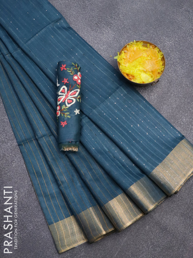 Semi tussar saree peacock blue with allover zari weaves and sequin work pallu & embroidery work blouse