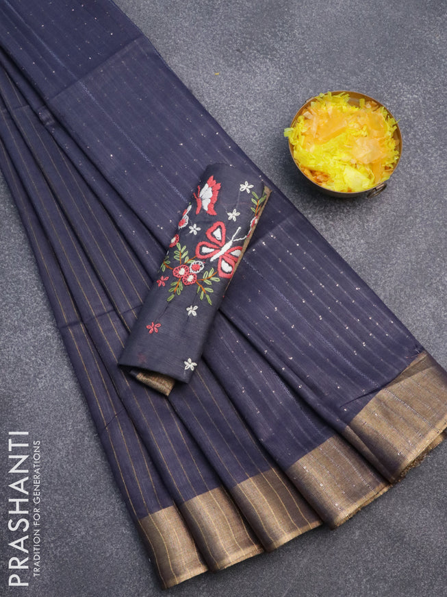 Semi tussar saree dark blue with allover zari weaves and sequin work pallu & embroidery work blouse