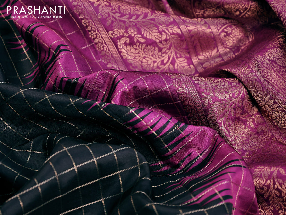Semi raw silk saree black and purple with allover zari checked pattern and temple design copper zari woven border