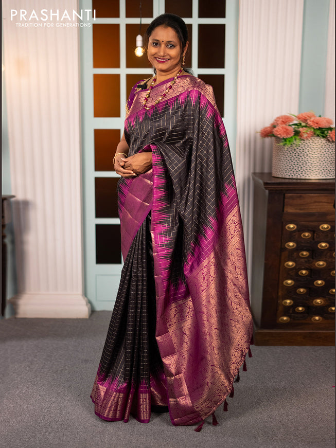 Semi raw silk saree black and purple with allover zari checked pattern and temple design copper zari woven border