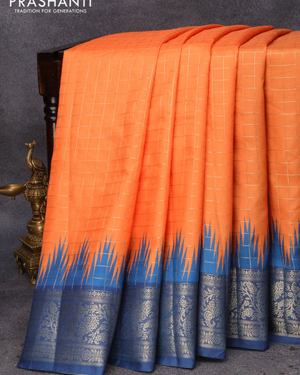 Semi raw silk saree orange and peacock blue with allover zari checked pattern and temple design copper zari woven border