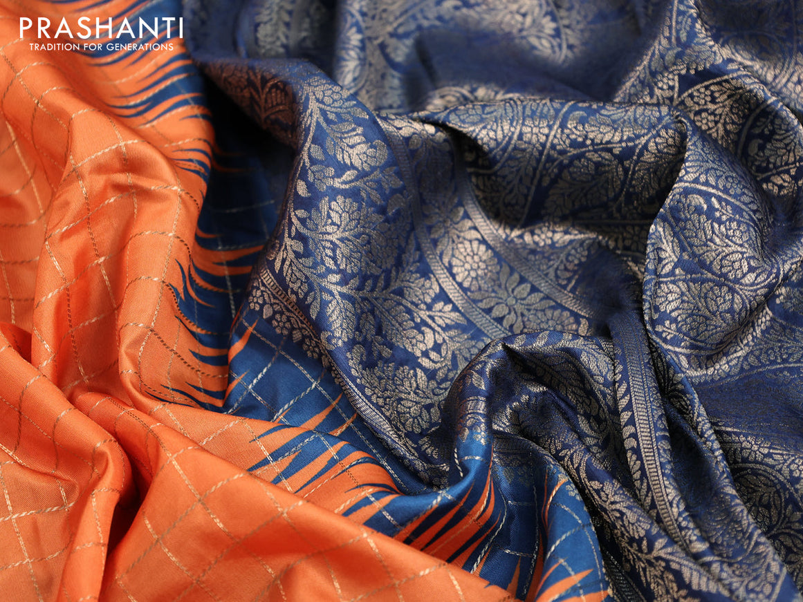 Semi raw silk saree orange and peacock blue with allover zari checked pattern and temple design copper zari woven border