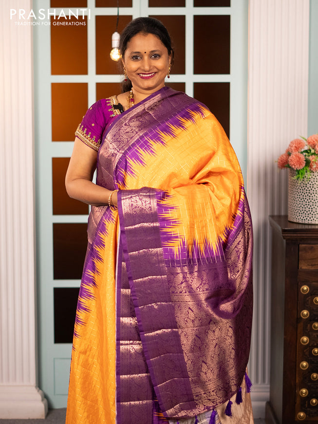 Semi raw silk saree mango yellow and purple with allover zari checked pattern and temple design copper zari woven border