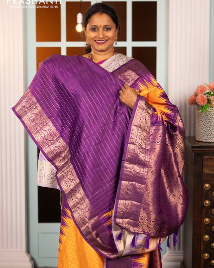 Semi raw silk saree mango yellow and purple with allover zari checked pattern and temple design copper zari woven border