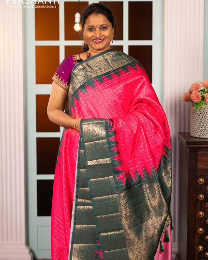 Semi raw silk saree candy pink and dark green with allover zari checked pattern and temple design copper zari woven border
