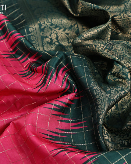 Semi raw silk saree candy pink and dark green with allover zari checked pattern and temple design copper zari woven border