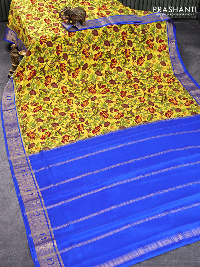 Printed crepe silk saree lime yellow and blue with allover kalamkari prints and zari woven border