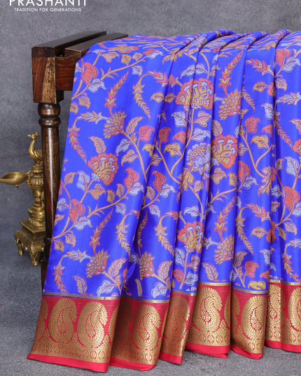 Printed crepe silk saree blue and maroon with allover kalamkari prints and paisley zari woven border