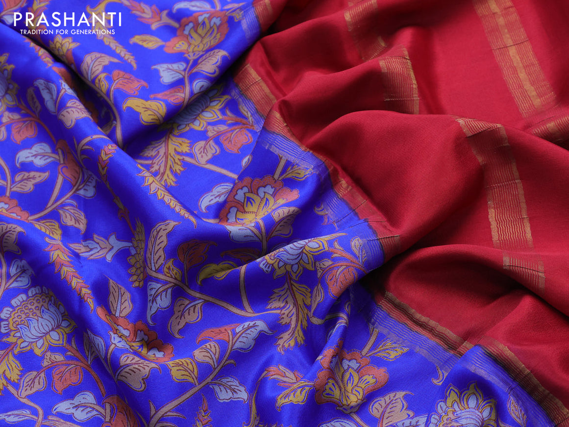 Printed crepe silk saree blue and maroon with allover kalamkari prints and paisley zari woven border