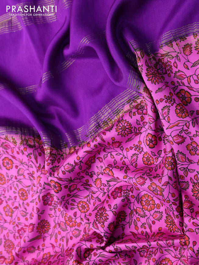 Printed crepe silk saree pink and violet with allover floral prints and zari woven border