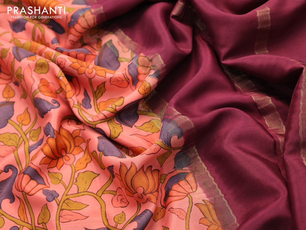 Printed crepe silk saree peach orange and maroon with allover pichwai prints and zari woven border