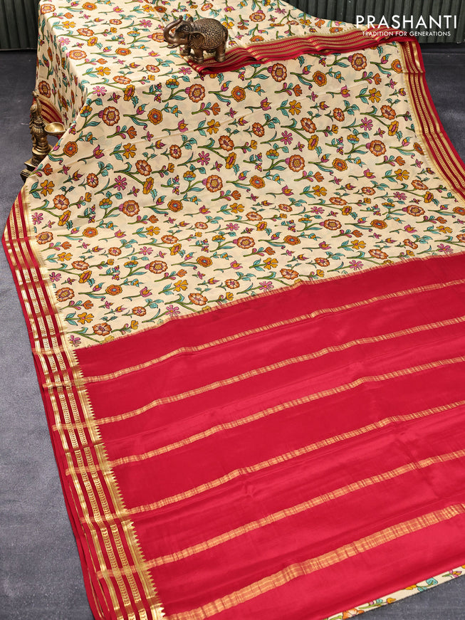 Printed crepe silk saree cream and red with allover floral prints and zari woven border