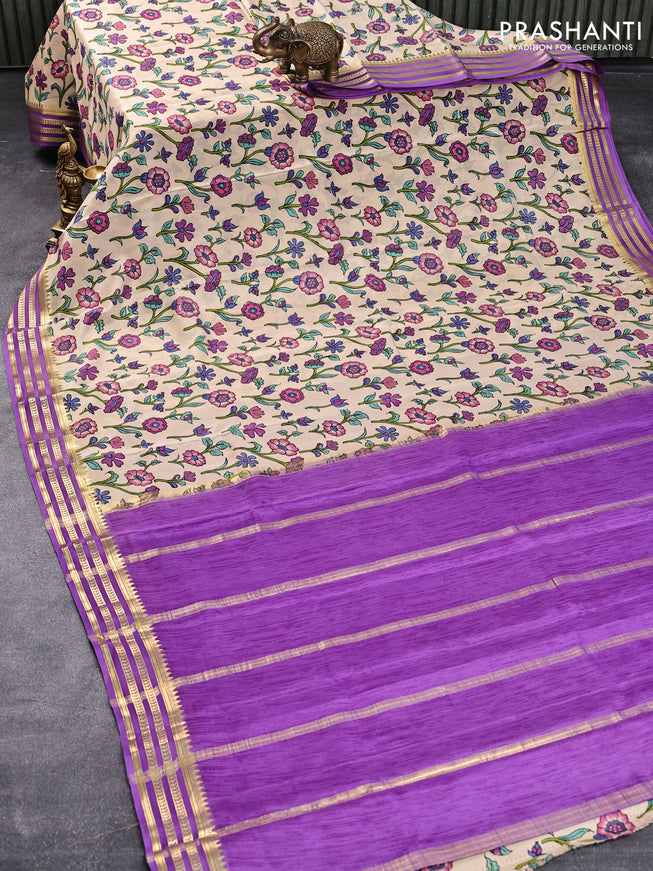 Printed crepe silk saree beige and lavender with allover floral prints and zari woven border