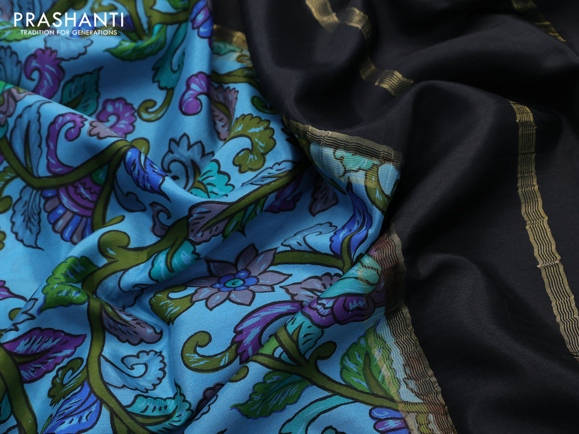 Printed crepe silk saree blue and black with allover kalamkari prints and zari woven border