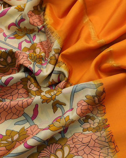 Printed crepe silk saree sandal and orange with allover floral prints and zari woven border