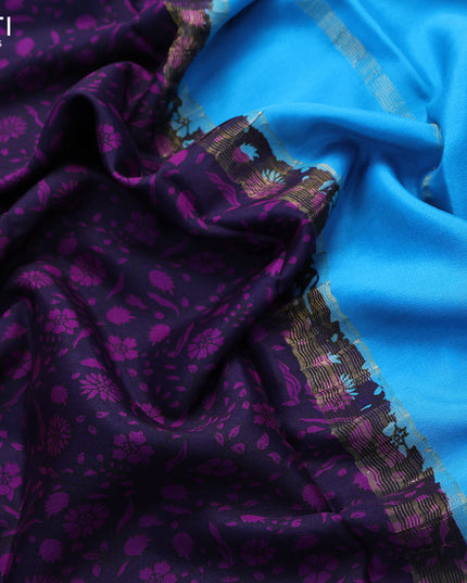 Printed crepe silk saree deep jamun and blue with allover floral prints and zari woven border