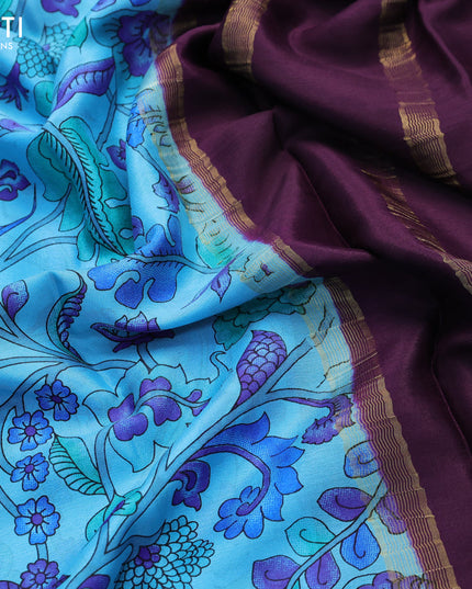 Printed crepe silk saree light blue and wine shade with allover kalamkari prints and zari woven border