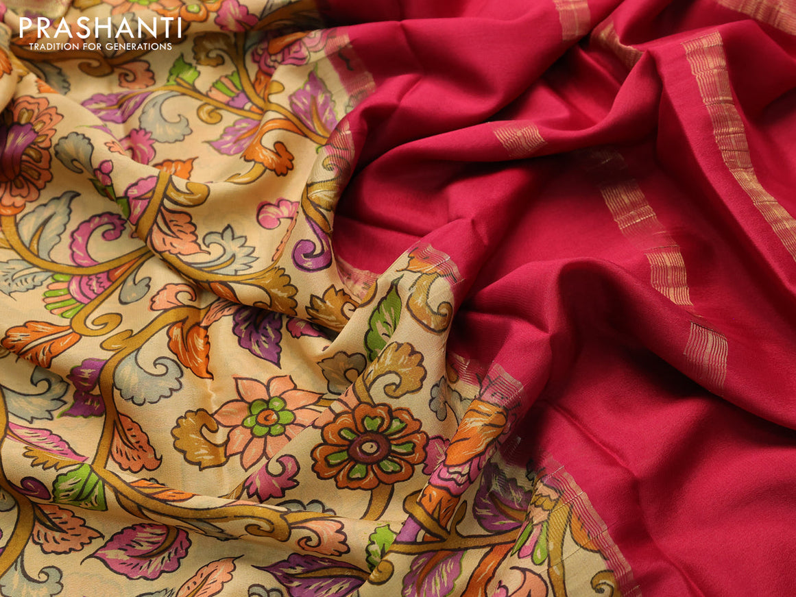 Printed crepe silk saree sandal and maroon with allover kalamkari prints and zari woven border