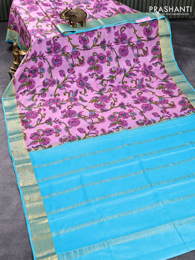 Printed crepe silk saree pink and blue with allover kalamkari prints and zari woven border