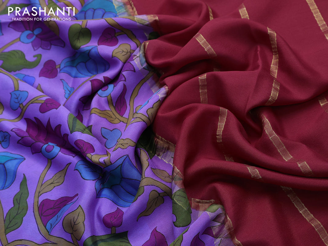 Printed crepe silk saree lavender shade and maroon with allover pichwai prints and zari woven border