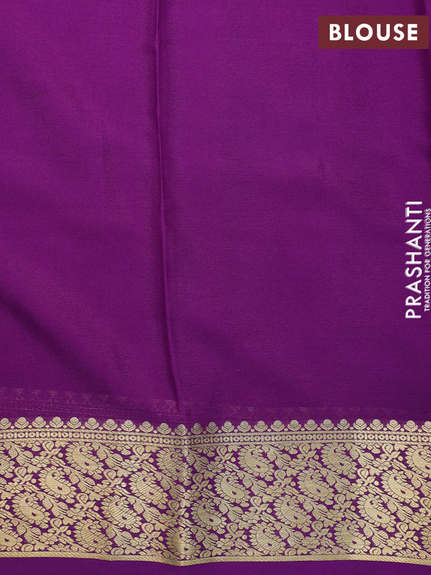 Printed crepe silk saree lime green and purple with allover kalamkari prints and paisley zari woven border