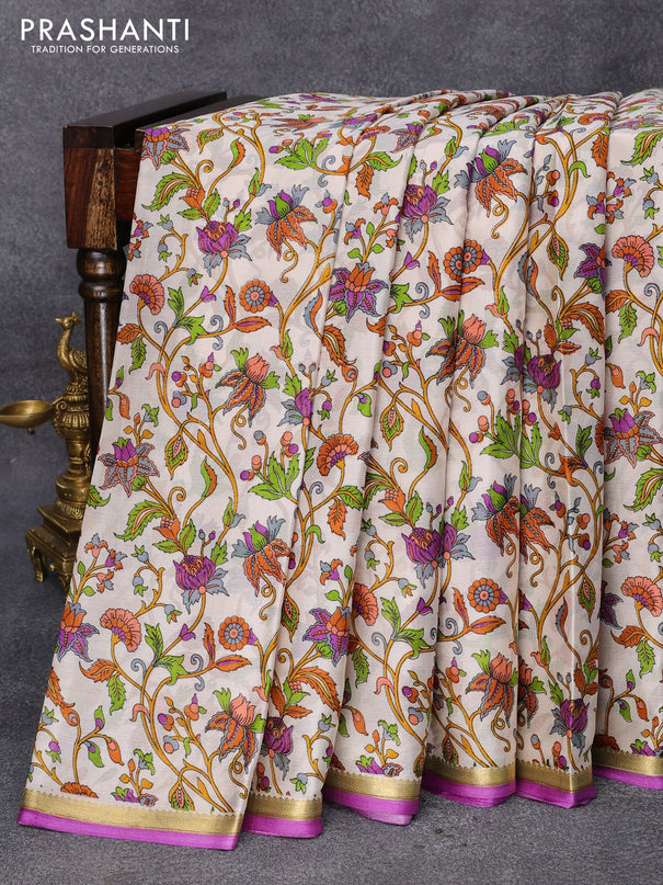 Printed crepe silk saree cream and violet with allover kalamkari prints and zari woven border