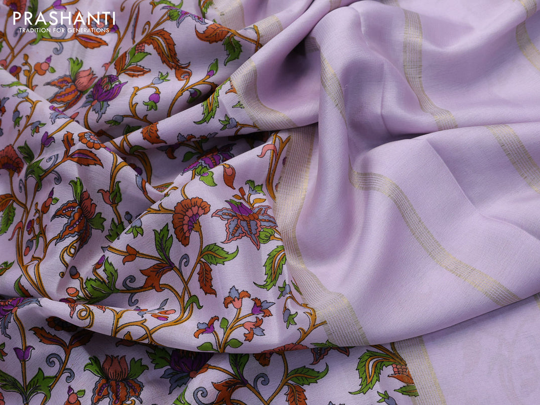 Printed crepe silk saree pastel lavender and dark mustard with allover kalamkari prints and zari woven border