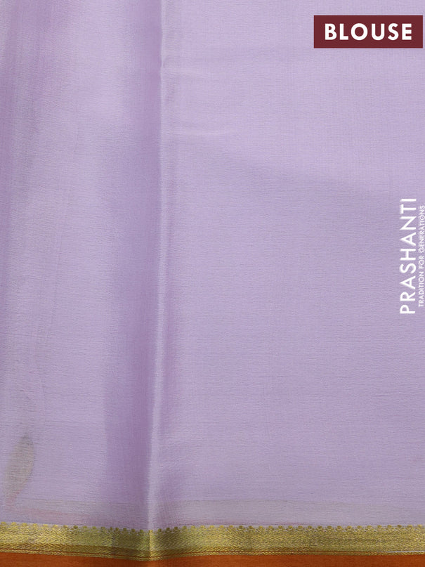 Printed crepe silk saree pastel lavender and dark mustard with allover kalamkari prints and zari woven border