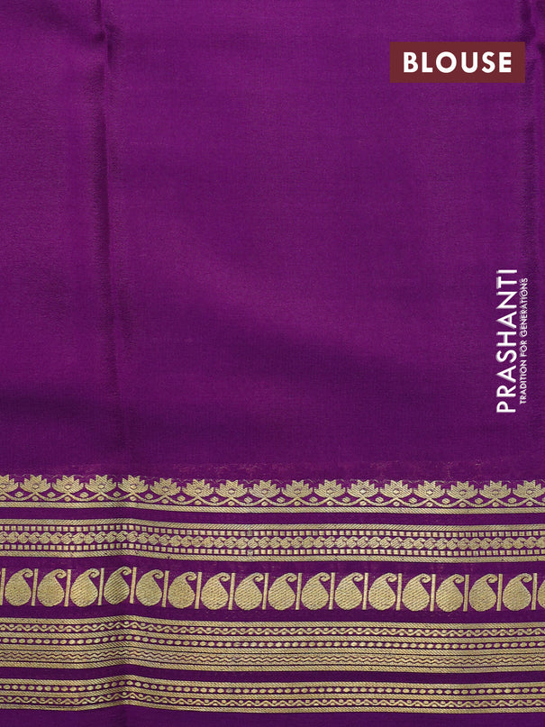 Printed crepe silk saree cream and purple with allover kalamkari prints and zari woven border