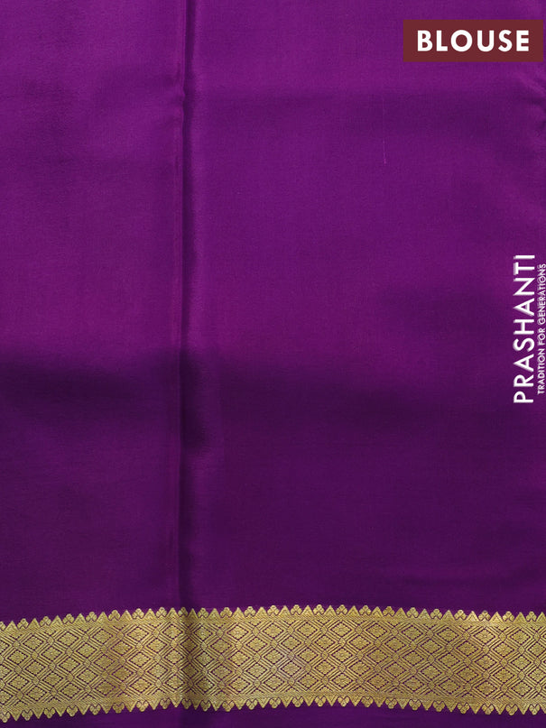 Printed crepe silk saree cream and violet with allover pichwai prints and zari woven border