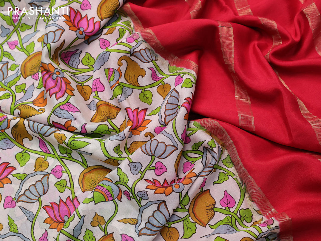 Printed crepe silk saree cream and red with allover kalamkari prints and zari woven border